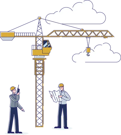 Concept Of Construction Workers Working Together Outdoors Engineer And Contractor Discussing New Building Project Foreman Controls Tower Crane Work Cartoon Linear Outline Flat Vector Illustration Illustration