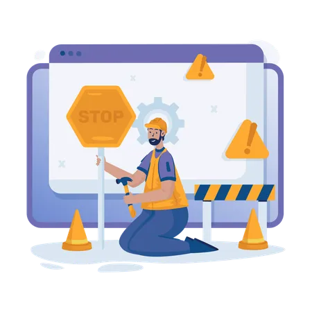 Error Site Notification Of Under Maintenance With A Man Holding A Stop Sign Illustration 일러스트레이션