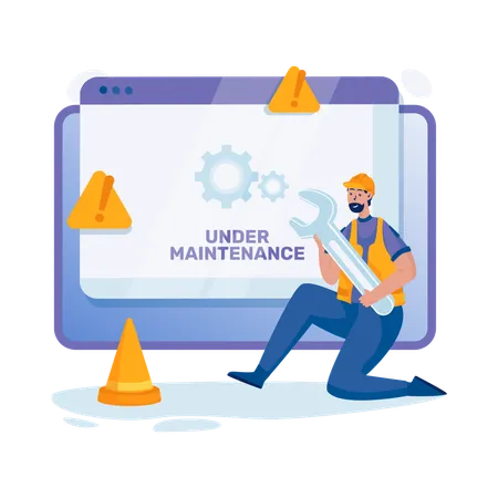 Illustration Of A Man Holding A Wrench For Website Page Under Maintenance Problem Notification Illustration
