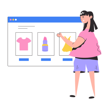 Chica usa el sitio web de compras  Ilustración