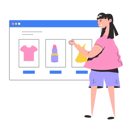 Chica usa el sitio web de compras  Ilustración