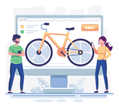 Sitio web de servicio de alquiler de bicicletas online.  Ilustración