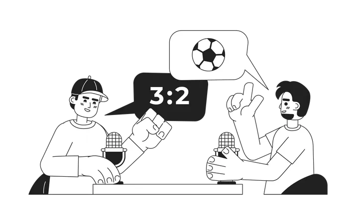 Soccer Fans Discussing Match With Microphones Black And White 2 D Cartoon Characters Podcast Sports Announcers Isolated Vector Outline People Mic Commentators Monochromatic Flat Spot Illustration Illustration