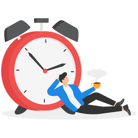 Sitting businessman with a cup of coffee beside the alarm clock  Illustration