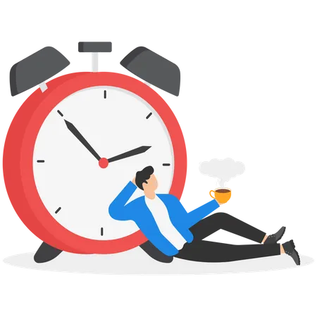 Sitting businessman with a cup of coffee beside the alarm clock  Illustration