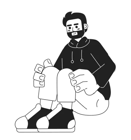 Sitting Caucasian Bearded Man Black And White 2 D Cartoon Character Casual Outfit European Guy Isolated Vector Outline Person Leisure Relaxed Beard Male Smiling Monochromatic Flat Spot Illustration Illustration