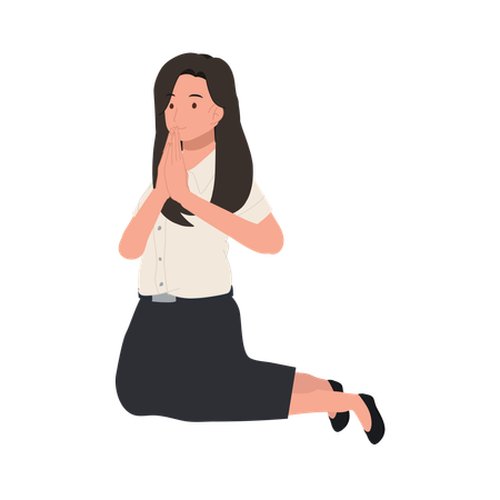 Sitting smiling Thai University Student in uniform is  Sawasdee  Illustration