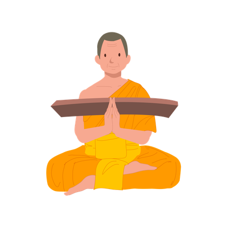 Sitting Thai Monk in Traditional Robes with fabric  Illustration