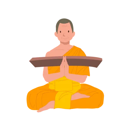 Sitting Thai Monk In Traditional Robes With Fabric Illustration