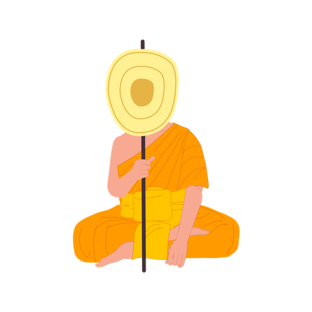 Sitting Thai Monk in Traditional Robes with talipot fan  Illustration