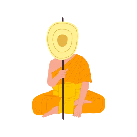 Sitting Thai Monk in Traditional Robes with talipot fan  일러스트레이션