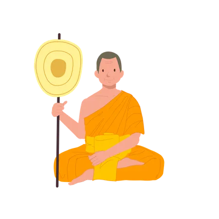 Sitting Thai Monk in Traditional Robes with talipot fan  일러스트레이션