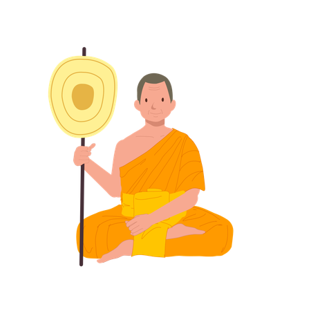 Sitting Thai Monk in Traditional Robes with talipot fan  Illustration