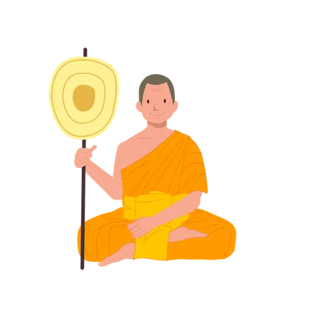 Sitting Thai Monk in Traditional Robes with talipot fan  Illustration