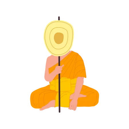 Sitting Thai Monk in Traditional Robes with talipot fan  Illustration