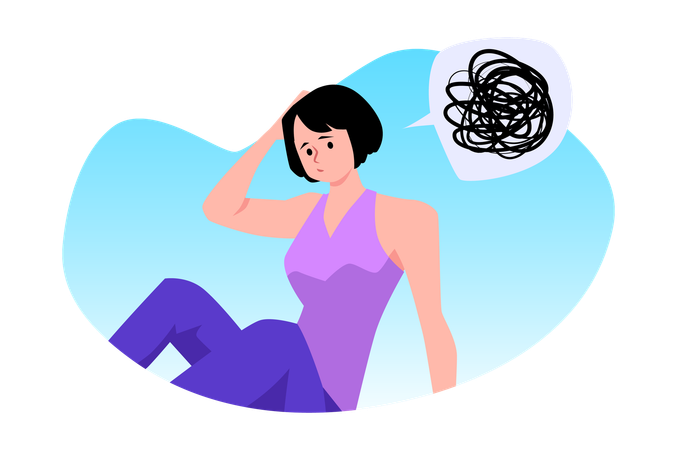 Sitting woman holding head with hand chaotic confused thoughts  Illustration