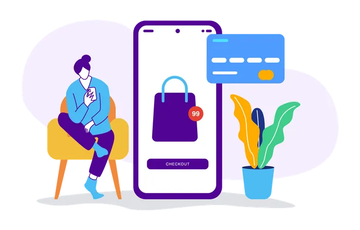 Illustration Of Sitting Woman Making Online Payment Using Card Illustration