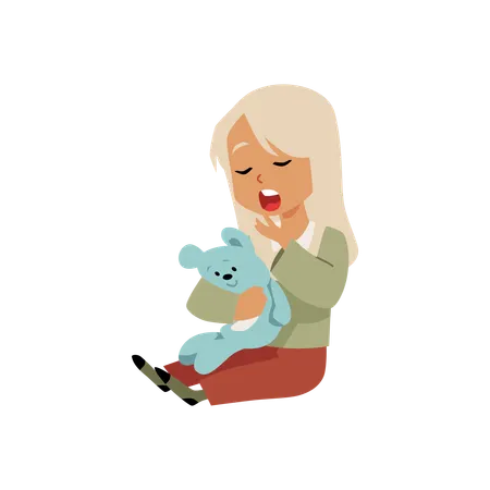 Sitting yawning little girl hugging a toy bear  Illustration