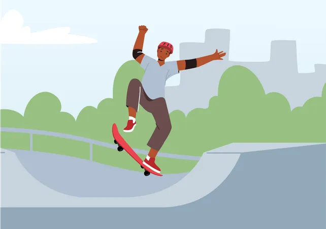 Atividade De Skate Ao Ar Livre Jovem Com Roupas Modernas E Capacete De Seguranca Pulando No Skate Esporte De Personagem Masculino Skatista Menino Em Longboard No Parque Ilustra O Vetorial De Desenho Animado Ilustração