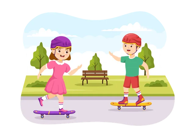 Ilustracao De Skate Com Criancas Skatistas Saltam Usando Prancha No Trampolim No Skatepark Em Esportes Radicais Estilo Plano Desenhos Animados Modelos Desenhados A Mao Ilustração