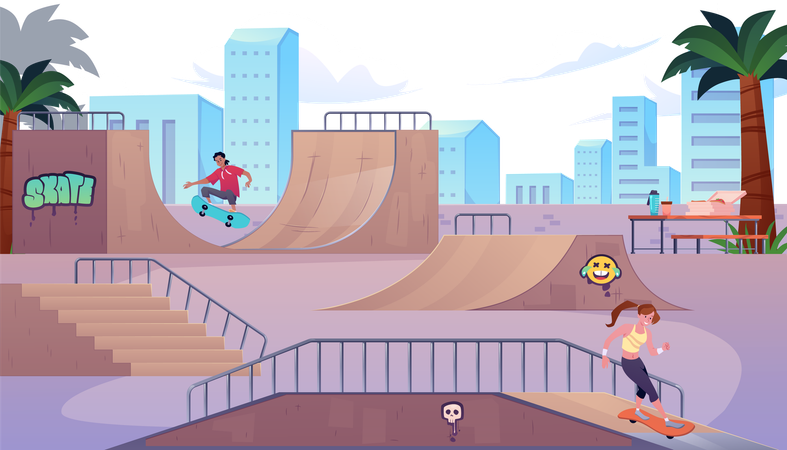 Skate park with a girl and a guy on skateboards  Illustration