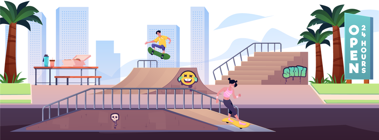 Skate park with a girl and guy doing tricks on skateboards  Illustration