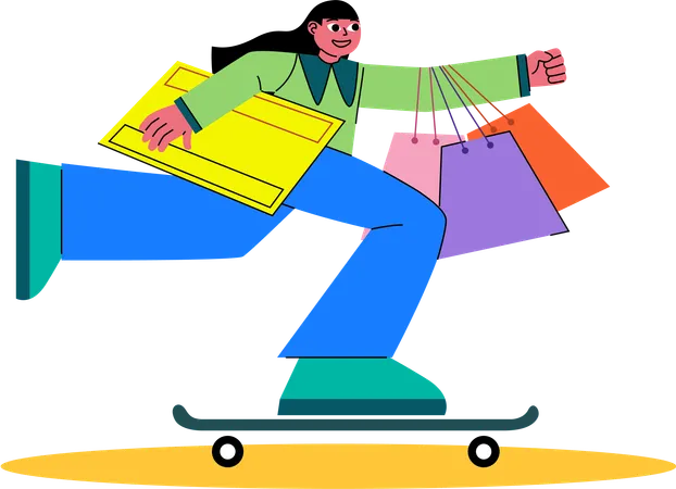 A Unique And Playful Depiction Of A Shopper On A Skateboard Juggling Shopping Bags During A Black Friday Sale Illustration