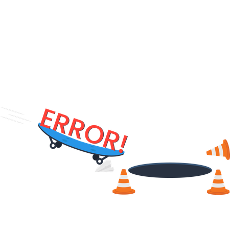 Skateboard with Error Text About to Fall into a Hole  of Failure and Risk  Illustration