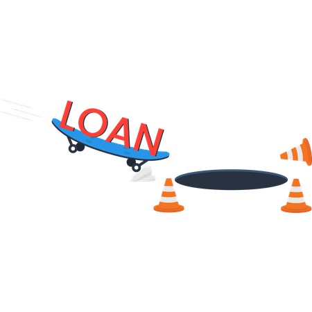 Skateboard with Loan Text Jumping Over a Hole with Traffic Cones  Illustration