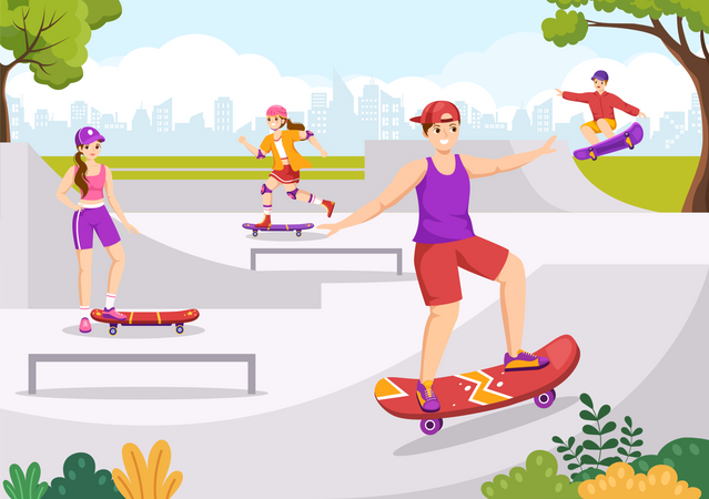 Skateboarders in skatepark  Illustration