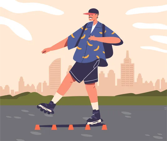 Adolescent Skater Boy Glides Through The Park Weaving Between Cones With Effortless Precision His Agile Movements Display A Perfect Blend Of Skill And Youthful Exuberance Vector Illustration Illustration