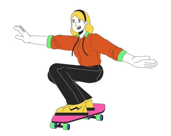Skater Girl 80 S Line Cartoon Flat Illustration Caucasian Female Skateboarder 20 S Adult 2 D Lineart Character Isolated On White Background Leisure Activity 90 S Nostalgia Scene Vector Color Image Illustration