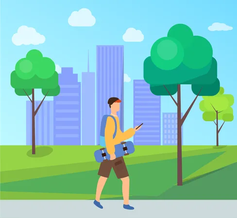 Man Holding Skateboard Walking In City Park With Trees And Skyscrapers Vector Boy Using Phone Person Wearing Casual Clothes And Backpack Skateboarder Illustration