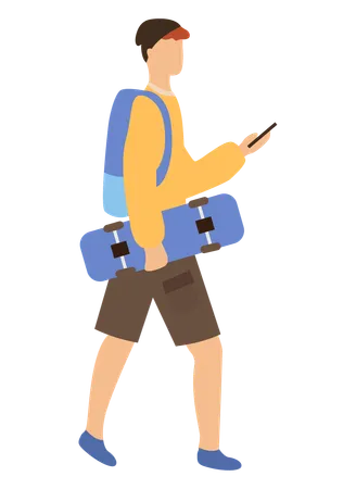 Man Holding Skateboard Side View Of Boy Using Phone Person Wearing Casual Clothes And Backpack Skateboarder Going Outdoor Urban Skater Vector Illustration