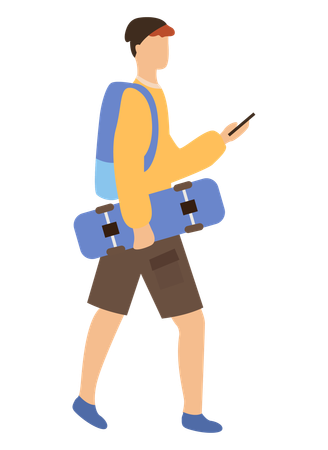 Skater going with phone and skateboard in park  Illustration