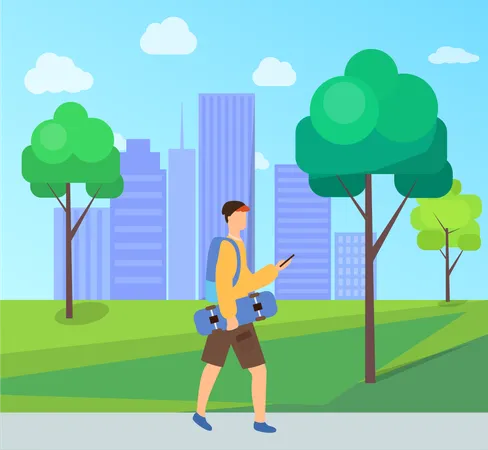 Skater going with phone and skateboard in park  Illustration