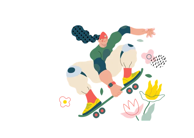 Life Unframed Skateboarder Modern Flat Vector Concept Illustration Of Skater Jumping Above Flowers Metaphor Of Unpredictability Imagination Whimsy Cycle Of Existence Play Growth And Discovery Illustration