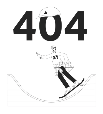 스케이터는 램프 검정 흰색 오류 404 플래시 메시지를 타고 있습니다 모자를 쓴 남자가 즐겁게 놀고 있다 취미 단색 빈 상태 UI 디자인 페이지를 찾을 수 없습니다 팝업 만화 이미지 벡터 평면 개요 그림 개념 일러스트레이션