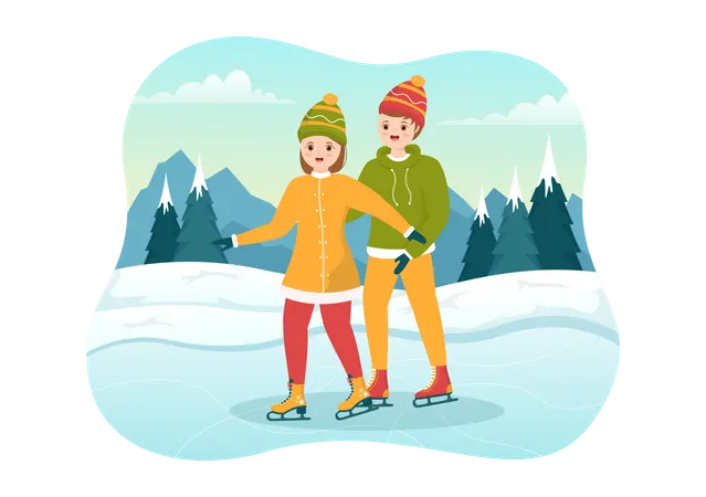 People Skating On Ice Rink Wearing Winter Clothes For Outdoor Activity Or Sports Recreation In Flat Cartoon Hand Drawn Templates Illustration Illustration