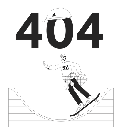 Skatista anda na rampa, mensagem flash de erro 404 preto e branco  Ilustração