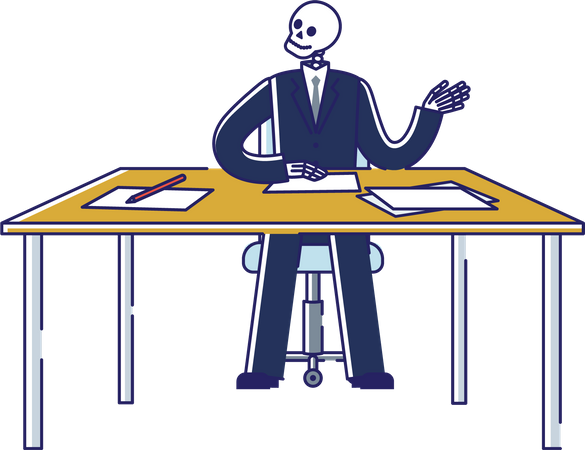 Skeleton of business man working on table  Illustration