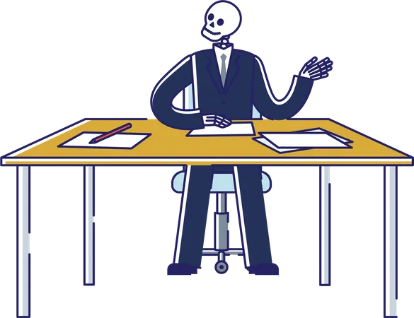 Skeleton of business man working on table  Illustration