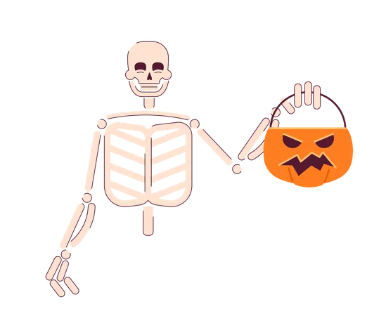 Skeleton Trick Or Treating Semi Flat Color Vector Character Grinning Skull Holding Pumpkin Basket Editable Half Body Person On White Simple Cartoon Spot Illustration For Web Graphic Design Illustration