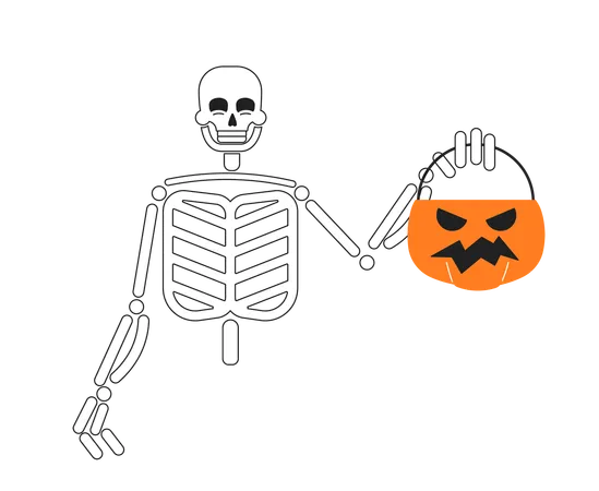 Skeleton Trick Or Treating Monochromatic Flat Vector Character Grinning Skull Holding Pumpkin Basket Editable Thin Line Half Body Person On White Simple Bw Cartoon Spot Image For Web Graphic Design Illustration