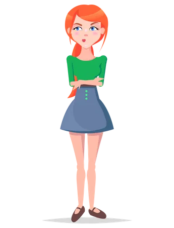 Skeptic Young Woman Illustration Beautiful Redhead Girl In Blouse And Skirt Standing With With Suspicious Face Expression And Arms Crossed Isolated Flat Vector Emotional Female Cartoon Character Illustration