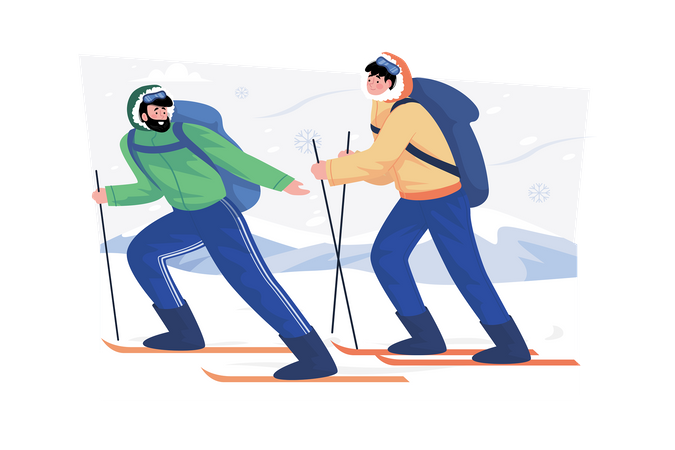 Ski instructor teaching beginners how to ski on a holiday  Illustration