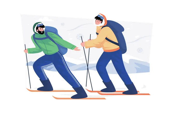 Ski instructor teaching beginners how to ski on a holiday  Illustration