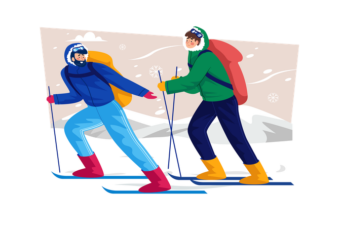 Ski instructor teaching beginners how to ski on a holiday  Illustration