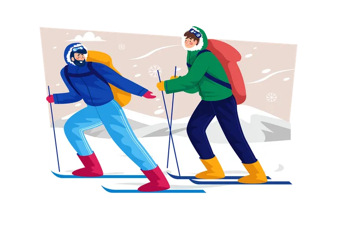 Ski instructor teaching beginners how to ski on a holiday  Illustration