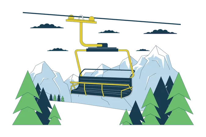 Ski Lift Chair In Forest Mountains Line Cartoon Flat Illustration Chairlift At Ski Resort 2 D Lineart Landscape Isolated On White Background Elevator Cableway Woodland Scene Vector Color Image Illustration